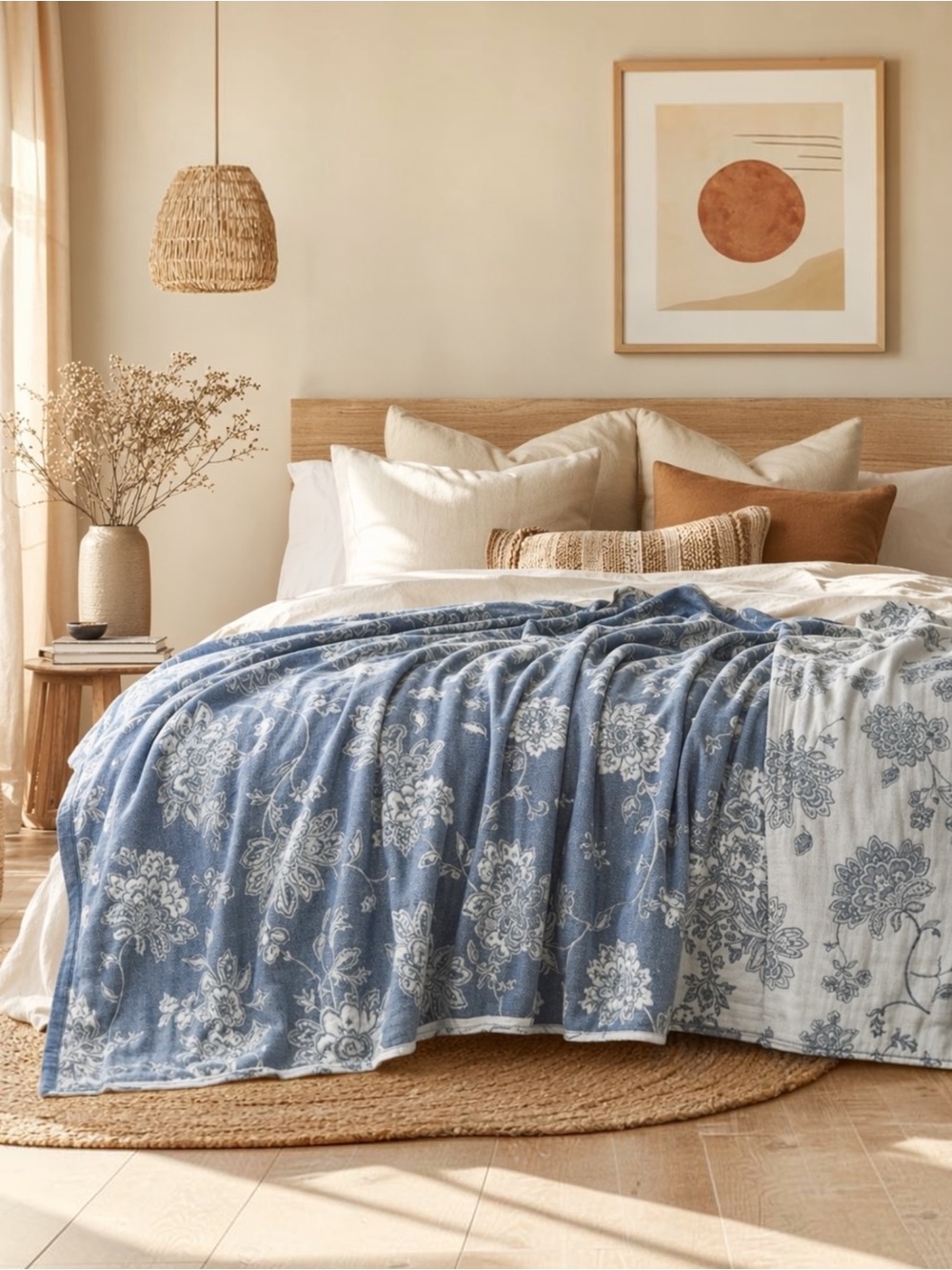 NEW Anthropologie Blue Boho Floral Muslin Reversible Throw Blanket Quilt 60 x 80